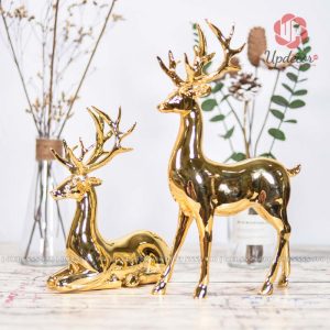 Cặp tượng hươu trang trí xi mạ crom màu vàng sáng bóng thách thức với thời gian