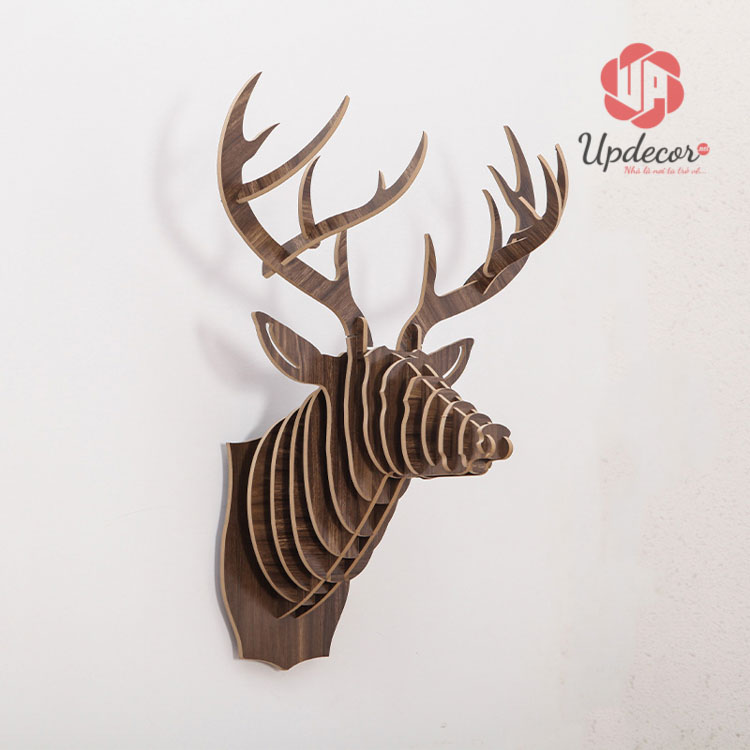 Đầu Hươu Treo Tường Bằng Gỗ Ghép mã UP111 Đầu hươu trang trí với màu Nâu cổ điển
