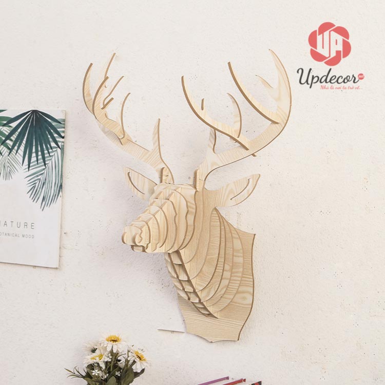 Đầu Hươu Treo Tường Bằng Gỗ Ghép mã UP111 Treo đầu hươu trong nhà hoàn toàn tốt về mặt phong thủy