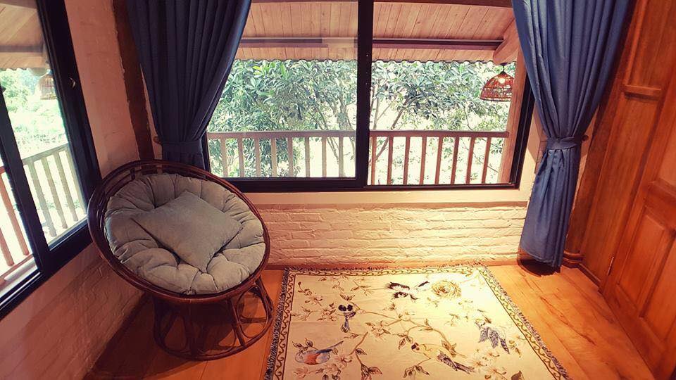Ghế papasan mây đệm êm, thảm họa tiết đặt cạnh cửa sổ đôi nhìn ra tán cây và ban công gỗ; rèm xanh tạo riêng tư dịu mắt