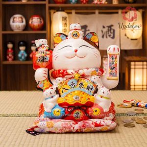 Đây là mẫu mèo thần tài gốm sứ có dáng ngồi bề thế, thân trắng bóng, gương mặt hiền, tay vẫy chiêu tài, nhiều mèo con may mắn và họa tiết hoa rực rỡ. Sản phẩm mang cảm giác sung túc, sáng màu, rất hợp đặt tại quầy thu ngân, cửa hàng, văn phòng hoặc làm quà khai trương trang trọng