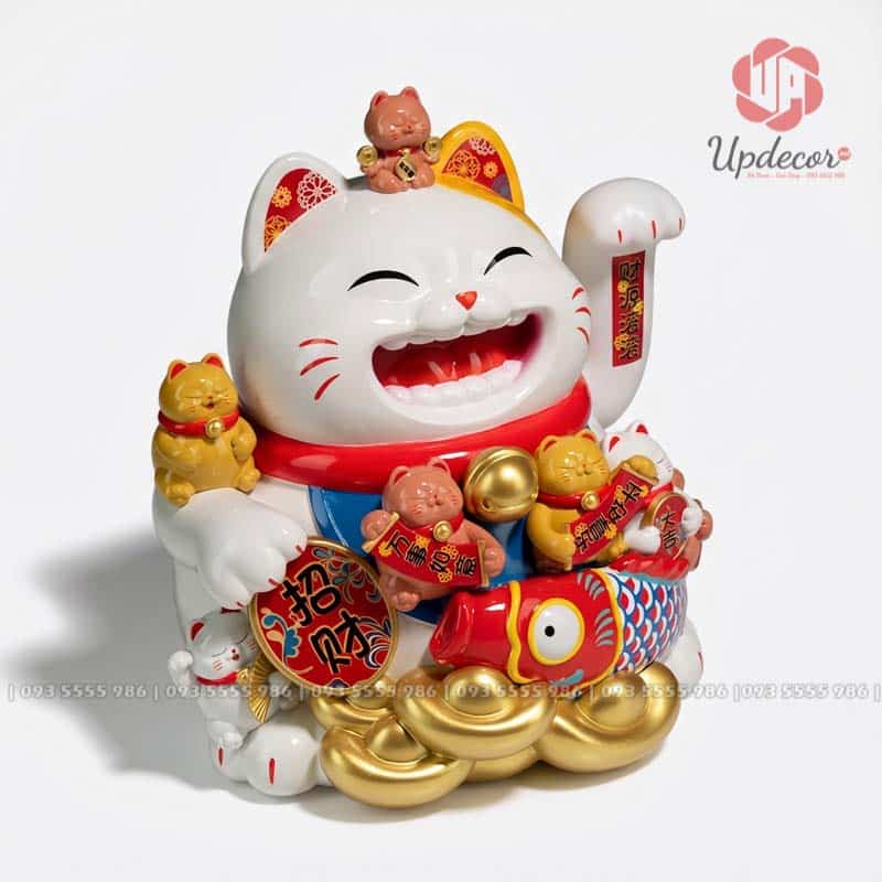Mèo Thần Tài Vẫy Tay Nhật Bản Maneki Neko Mã UP019 Mẫu mèo thần tài này gây ấn tượng ngay từ ánh nhìn đầu tiên nhờ gương mặt cười rạng rỡ