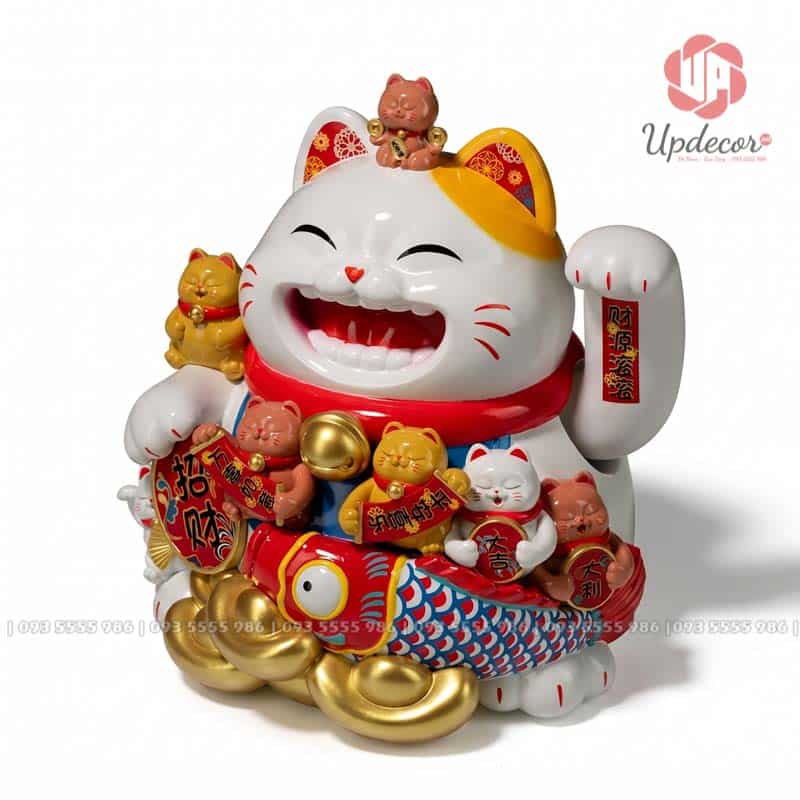 Mèo Thần Tài Vẫy Tay Nhật Bản Maneki Neko Mã UP019 Phần tay vẫy được đặt cao, giúp sản phẩm đúng tinh thần của dòng mèo thần tài vẫy tay chiêu tài.