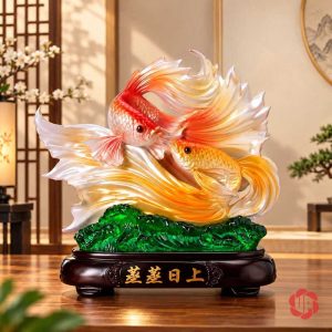 Đôi cá Koi vàng đỏ với vây trắng và sóng xanh trên bàn gỗ
