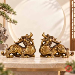Hai tượng tỳ hưu màu vàng đồng đặt trên mặt bàn đá, ảnh không chữ quảng cáo