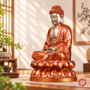 Tượng Phật Tổ Như Lai ngồi thiền áo đồng đỏ và mặt vàng đồng chụp không chữ quảng cáo