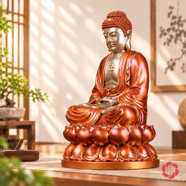 Tượng Phật Tổ Như Lai ngồi thiền áo đồng đỏ và mặt vàng đồng chụp không chữ quảng cáo