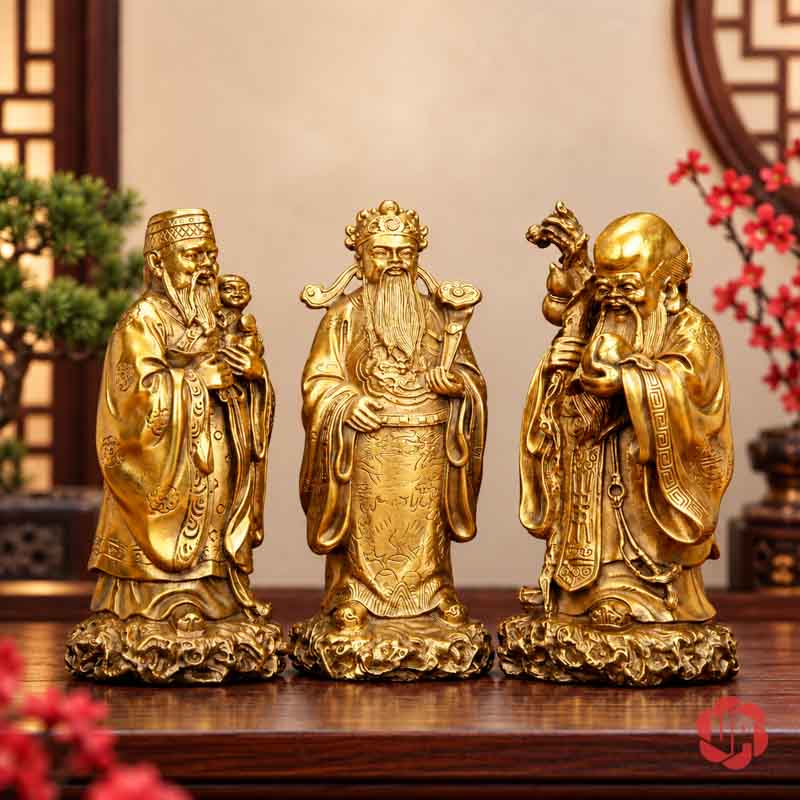 Bộ Tượng Phúc Lộc Thọ Tam Đa Bằng Đồng UPD008 Bộ tượng Phúc Lộc Thọ bằng đồng màu vàng cổ, ba tượng đặt cạnh nhau nhìn chính diện