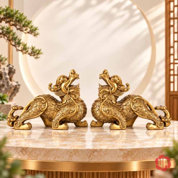 Hai tượng tỳ hưu vàng đồng đặt đối xứng trên mặt bàn sáng không có chữ quảng cáo