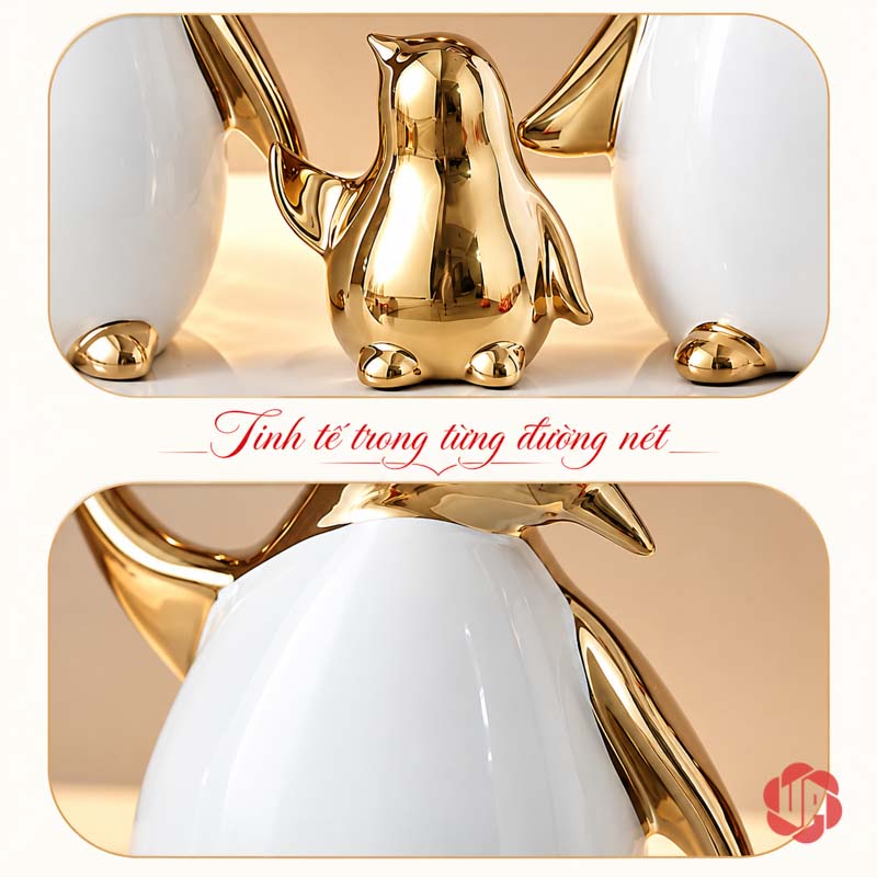 Tượng Decor Gia Đình Chim Cánh Cụt Trắng Vàng UPV080 Ảnh ghép chi tiết chim con và phần cổ chim cánh cụt