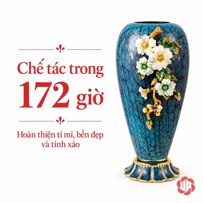 Bình Hoa Thủy Tinh Cao Cấp Xanh Ngọc Hoa Đắp Nổi UP003 Ảnh giới thiệu thời gian chế tác bình hoa tráng men xanh ngọc với họa tiết hoa nổi