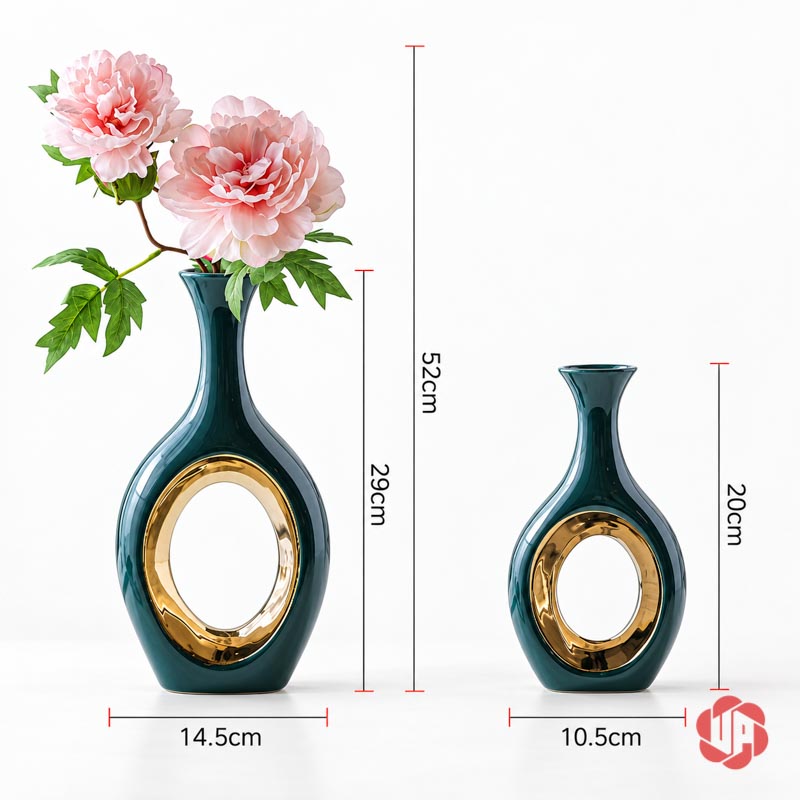 Cặp Bình Gốm Sứ Trang Trí Xanh Ngọc Vòng Tròn Ánh Kim UP060 Ảnh minh họa kích thước hai bình trang trí xanh ngọc có vòng tròn ánh kim