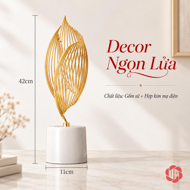 Tượng Decor Đôi Cá Trắng Vàng Và Ngọn Lửa UPS034 Ảnh kích thước ngọn lửa decor cao 42 cm