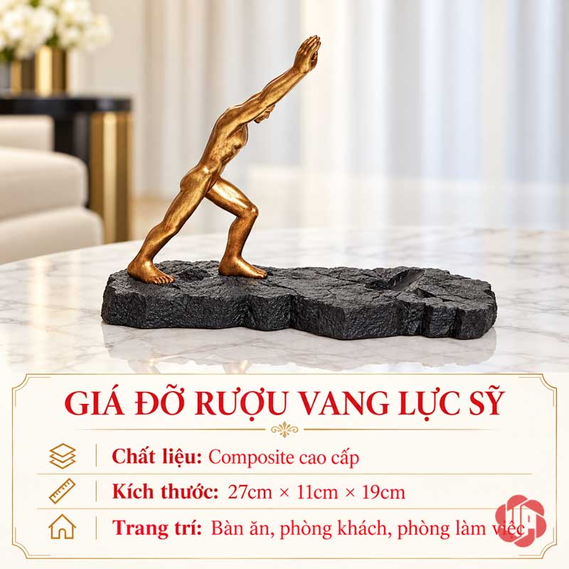 Giá Để Rượu Vang Lực Sĩ Vươn Tay Trang Trí UP005R Ảnh thông số giá để rượu vang lực sĩ dài 27 sâu 11 cao 19 cm composite