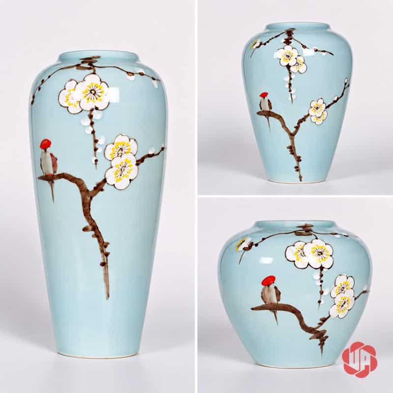 Bộ Bình Gốm Sứ Hoa Mai Trắng 3 Món Trang Trí Phòng Khách BG023 Ảnh ghép ba kiểu dáng bình gốm hoa mai trắng gồm bình cao, bình trung và bình tròn thấp