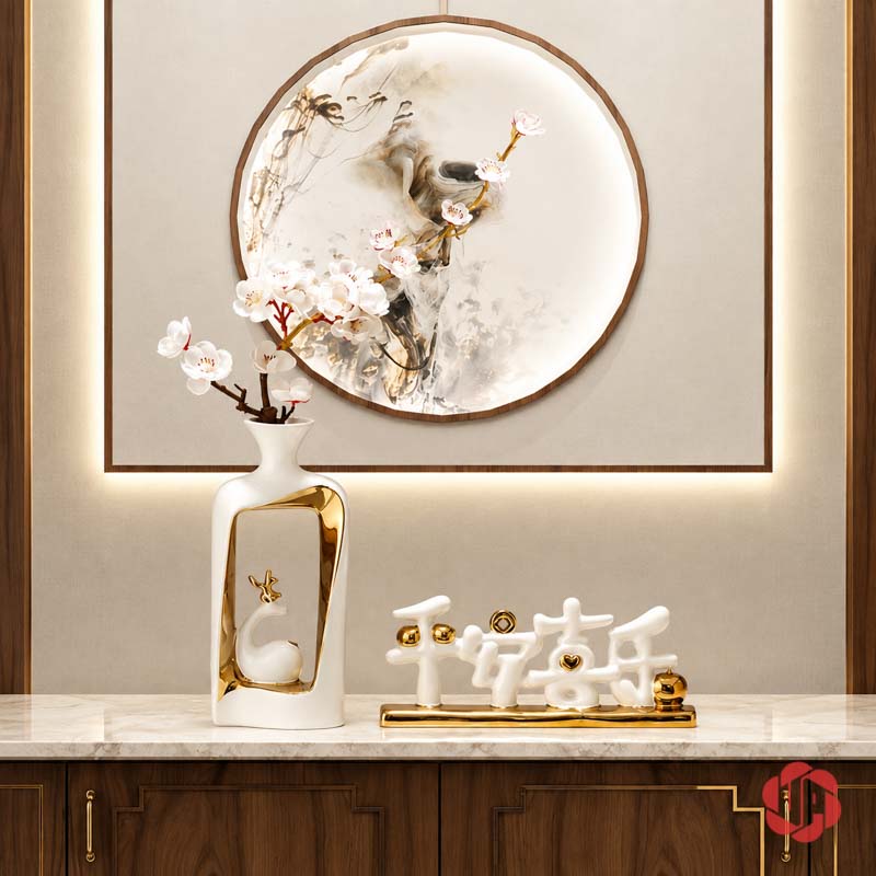 Cặp Bình Hoa Gốm Sứ Đôi Hươu Trắng Vàng UP068T Bình cao sứ trắng vàng cắm hoa trắng trên tủ gỗ dưới tranh trang trí hình tròn