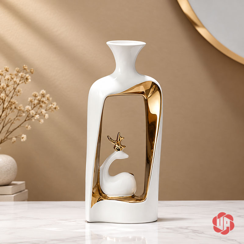 Cặp Bình Hoa Gốm Sứ Đôi Hươu Trắng Vàng UP068T Cận cảnh chiếc bình sứ cao màu trắng phối vàng với tượng hươu trang trí