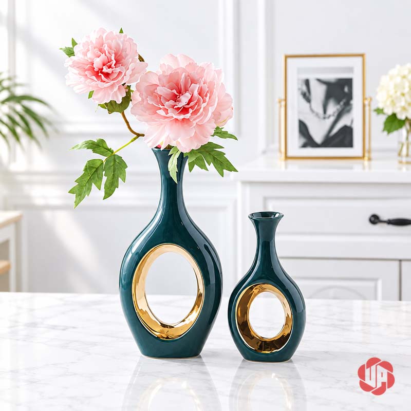 Cặp Bình Gốm Sứ Trang Trí Xanh Ngọc Vòng Tròn Ánh Kim UP060 Hai bình gốm sứ xanh ngọc phối hoa hồng màu hồng trong phòng khách sáng