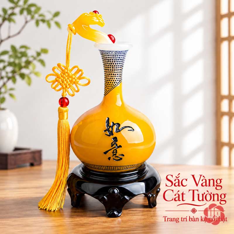 Cặp Bình Hút Lộc Phong Thủy Vàng Xanh Như Ý UP004 Bình hồ lô vàng trang trí cùng gậy như ý và chân đế đen