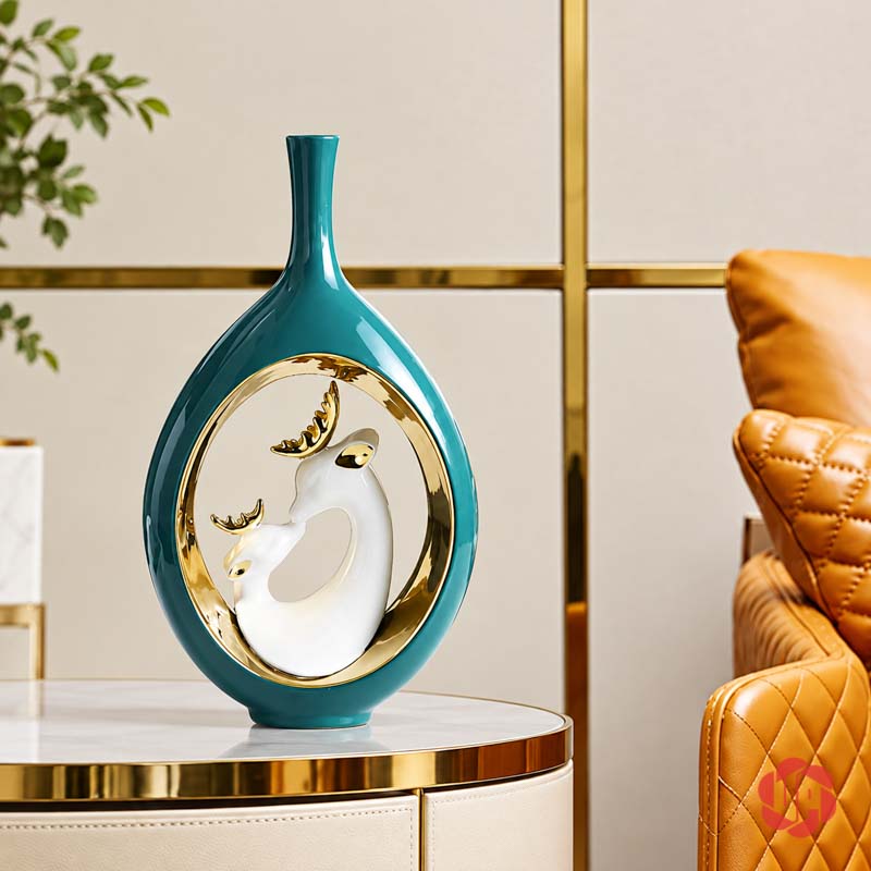 Cặp Bình Hoa Gốm Sứ Gia Đình Hươu Xanh Ngọc Cao Cấp UP068 Bình hoa gốm sứ dáng cao màu xanh ngọc với hình hươu trắng và viền vàng