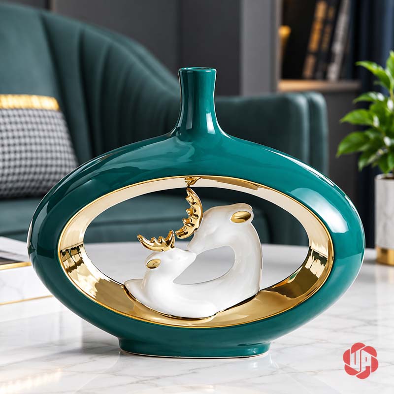 Cặp Bình Hoa Gốm Sứ Gia Đình Hươu Xanh Ngọc Cao Cấp UP068 Bình gốm sứ dáng ngang hình oval có họa tiết hươu trắng trong vòng viền vàng