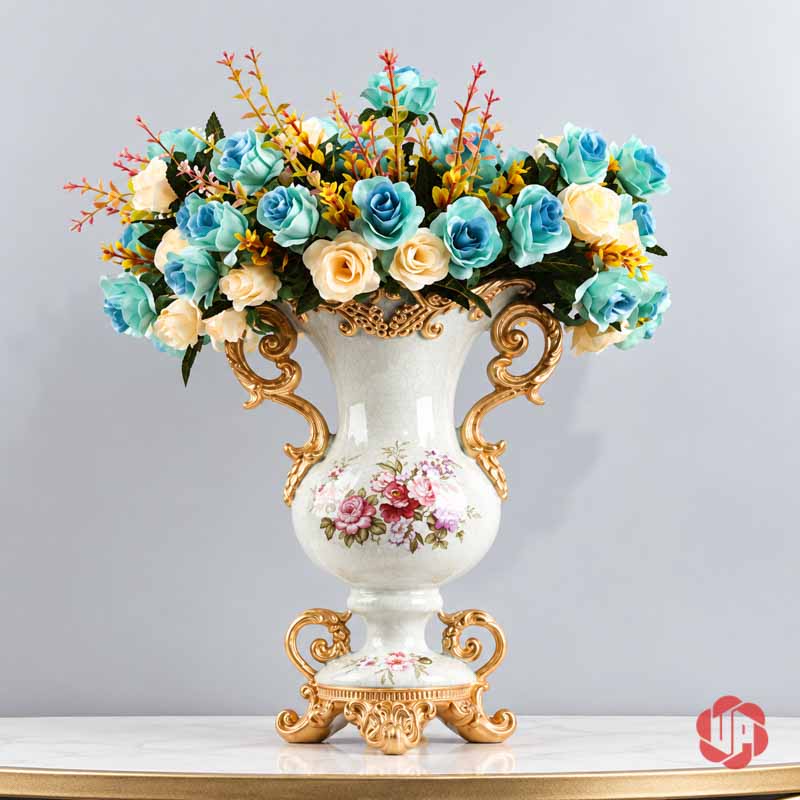 Bình Hoa Để Bàn Tân Cổ Điển Hai Quai Vàng UP069 Bình hoa để bàn tân cổ điển UP069 quai vàng, thân trắng hoa văn hồng, cắm hoa xanh kem