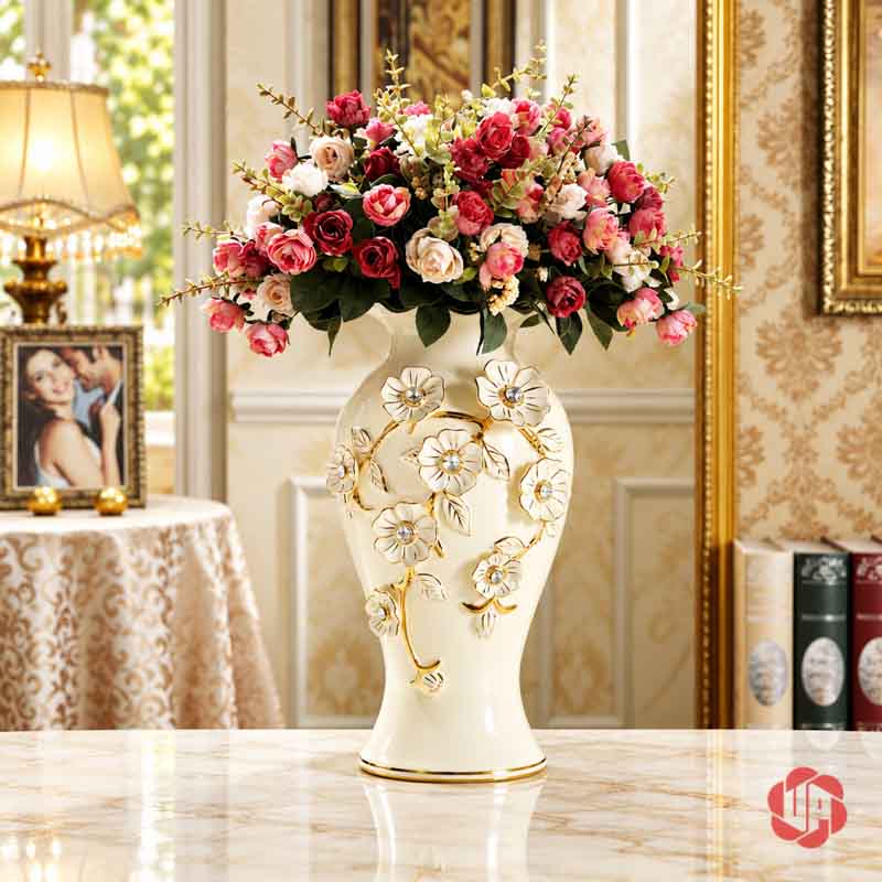 Bình Hoa Gốm Sứ Đắp Nổi Hoa Trắng Vàng Cao Cấp UP065 Bình hoa sứ trắng vàng cắm hoa hồng trang trí phòng khách sang trọng