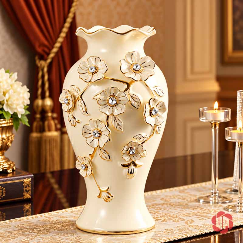 Bình Hoa Gốm Sứ Đắp Nổi Hoa Trắng Vàng Cao Cấp UP065 Bình hoa gốm sứ trắng ngà đắp hoa nổi viền vàng trên bàn trang trí cổ điển