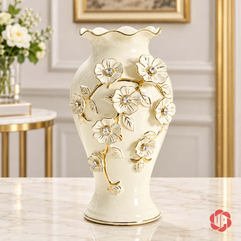 Bình Hoa Gốm Sứ Đắp Nổi Hoa Trắng Vàng Cao Cấp UP065 Bình gốm sứ đắp hoa nổi trắng vàng trưng bày trên bàn đá sáng