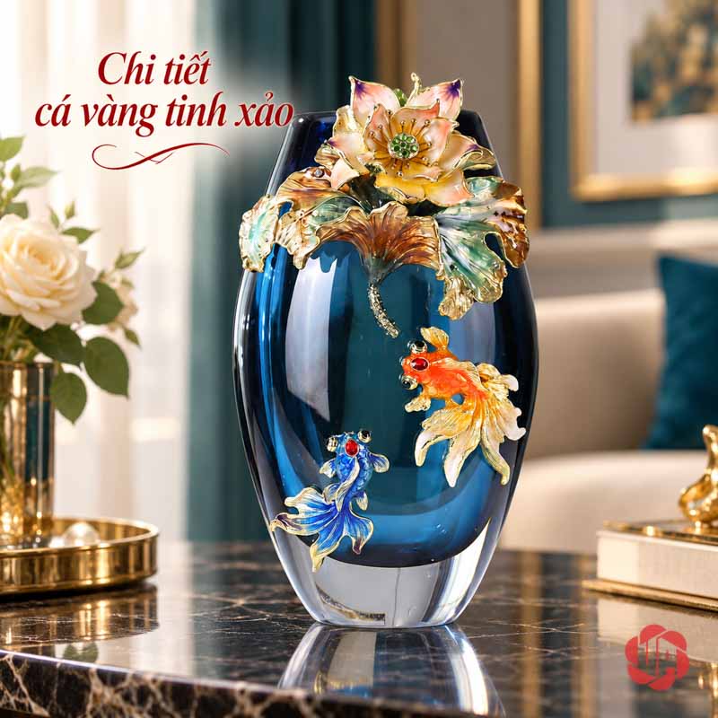Bình Hoa Pha Lê Hoa Sen Và Cá Nghệ Thuật UPT19 Bình pha lê cao trên mặt đá đen với hoa sen vàng xanh, cá cam và cá xanh trang trí