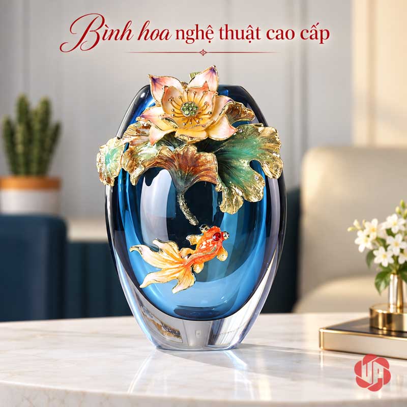 Bình Hoa Pha Lê Hoa Sen Và Cá Nghệ Thuật UPT19 Bình pha lê thấp hoa sen và cá cam đặt trên mặt đá sáng trong phòng hiện đại