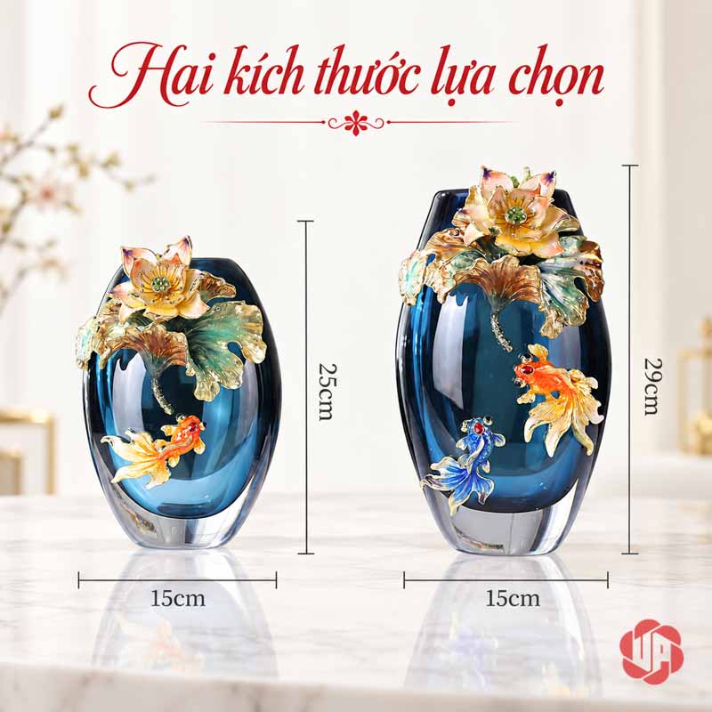 Bình Hoa Pha Lê Hoa Sen Và Cá Nghệ Thuật UPT19 Ảnh kích thước hai bình pha lê: bình thấp rộng 15 cao 25 cm và bình cao rộng 15 cao 29 cm