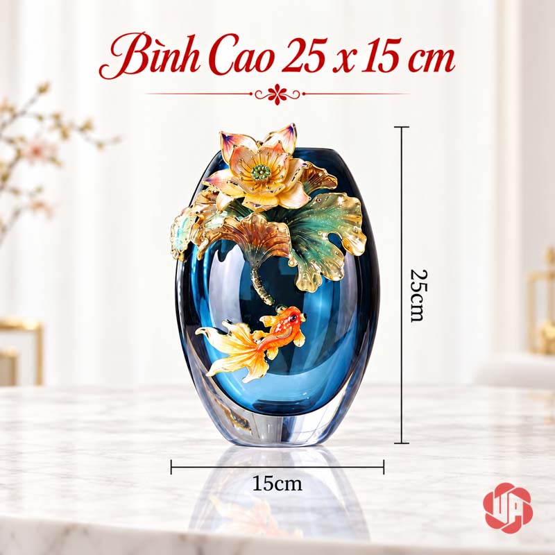Bình Hoa Pha Lê Hoa Sen Và Cá Nghệ Thuật UPT19 Hình đo bình pha lê dáng thấp rộng 15 cm và cao 25 cm