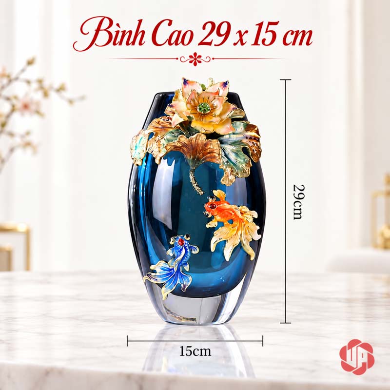 Bình Hoa Pha Lê Hoa Sen Và Cá Nghệ Thuật UPT19 Hình đo bình pha lê dáng cao rộng 15 cm và cao 29 cm
