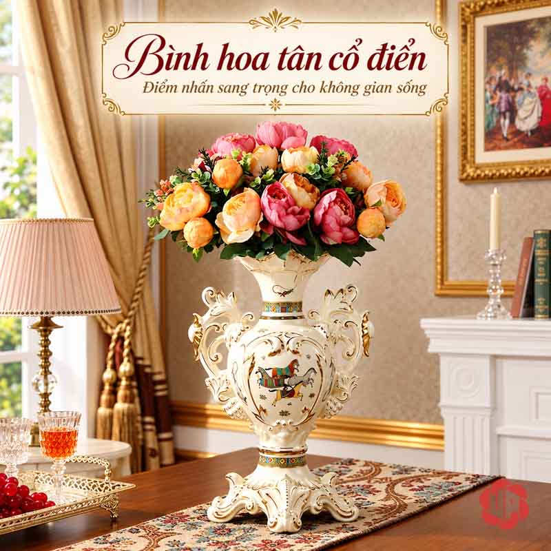 Bình Hoa Tân Cổ Điển Hai Quai Họa Tiết Ngựa UP071 Bình hoa sứ tân cổ điển UP071 cắm hoa hồng nhiều màu trong phòng khách