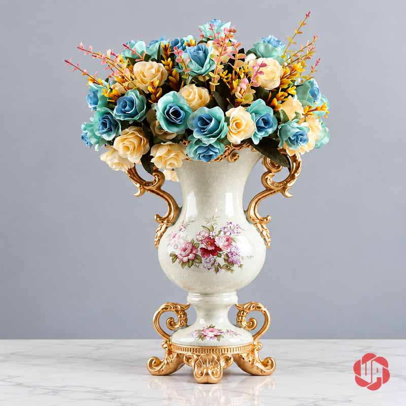 Bình Hoa Để Bàn Tân Cổ Điển Hai Quai Vàng UP069 Bình hoa sứ tân cổ điển trắng vàng phối hoa xanh dương và hoa vàng kem