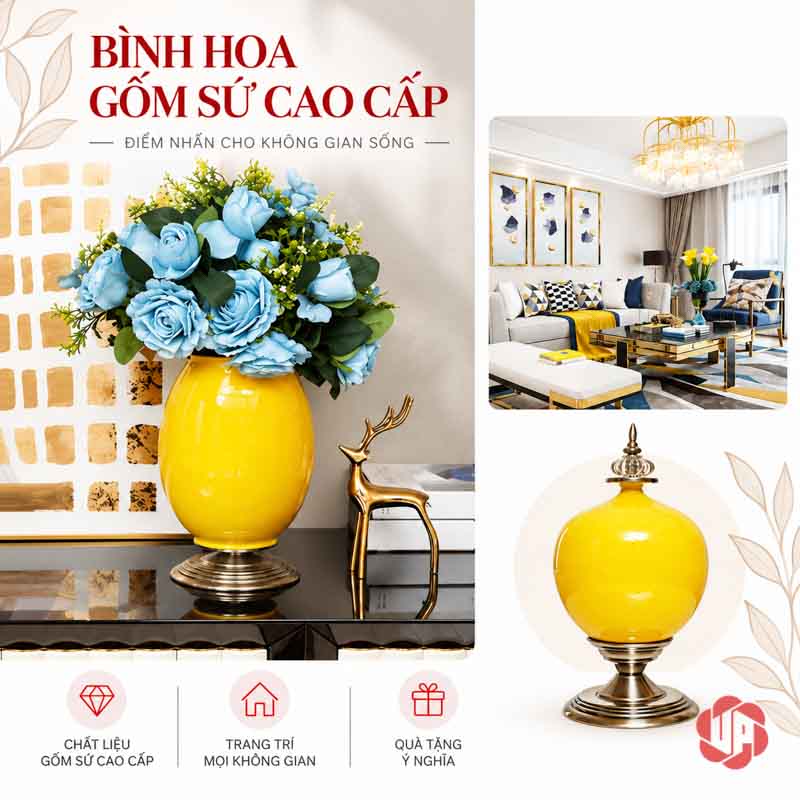 Bộ Lọ Hoa Tân Cổ Điển Màu Vàng Sang Trọng UP054B Cận cảnh bình hoa sứ vàng bóng cắm hoa xanh dương và trắng trên mặt bàn