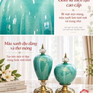 Ảnh giới thiệu chi tiết men rạn và bộ bình hoa sứ xanh ngọc tân cổ điển UP054A