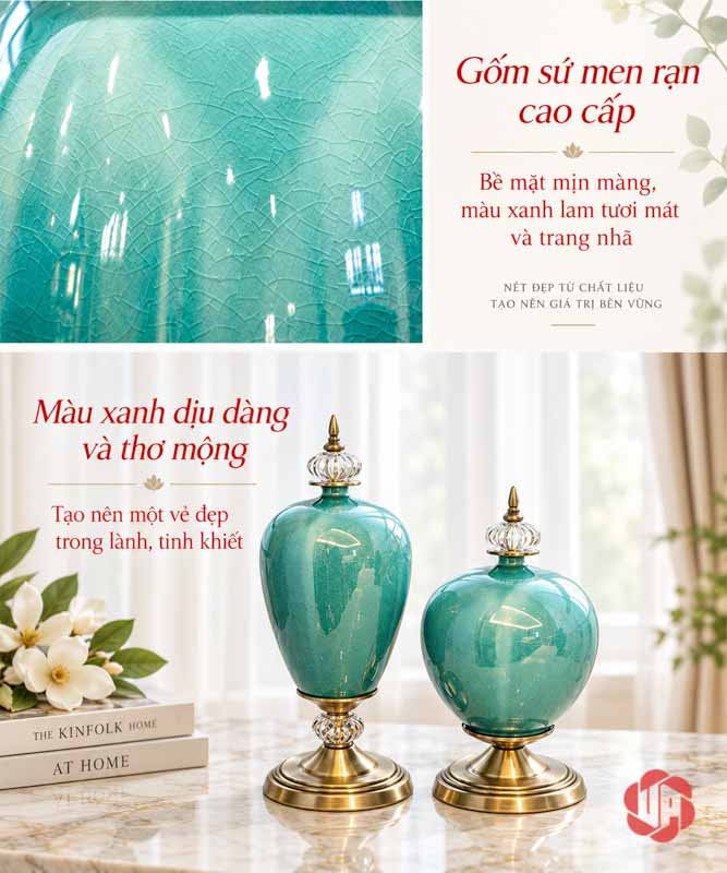 Bộ Lọ Hoa Tân Cổ Điển Xanh Ngọc Men Rạn Cao Cấp UP054A Ảnh giới thiệu chi tiết men rạn và bộ bình hoa sứ xanh ngọc tân cổ điển UP054A