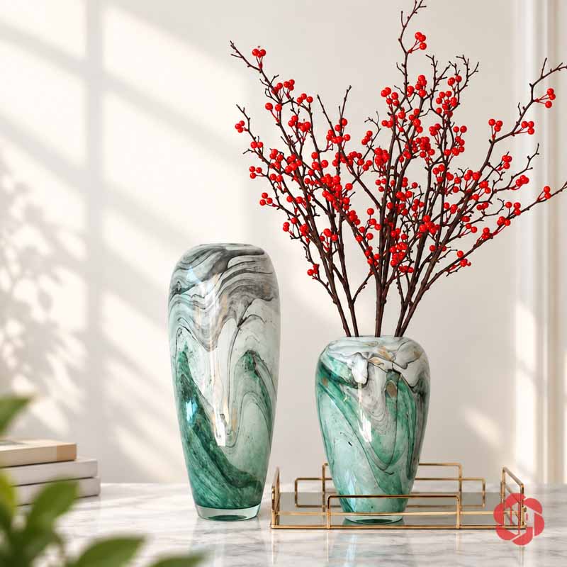 Bình Hoa Thủy Tinh Vân Đá Xanh Ngọc Cao Cấp UPT18 Hai bình thủy tinh vân đá trên bàn, bình thấp cắm cành quả đỏ đặt trong khay trang trí