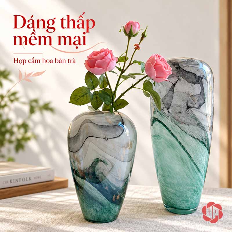 Bình Hoa Thủy Tinh Vân Đá Xanh Ngọc Cao Cấp UPT18 Bình thấp cắm hoa hồng phấn đặt trước bình thủy tinh vân đá dáng cao không cắm hoa