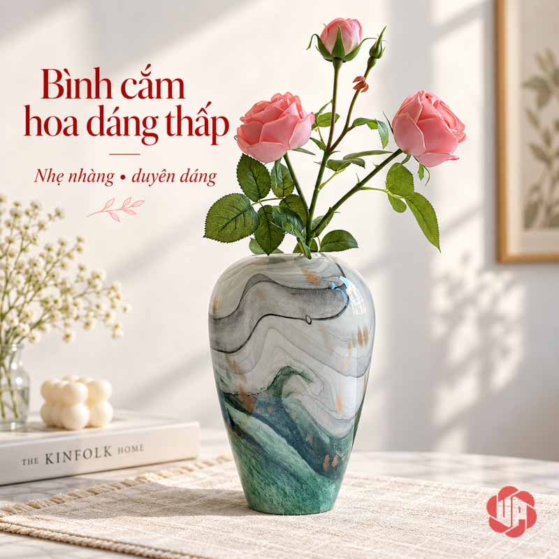 Bình Hoa Thủy Tinh Vân Đá Xanh Ngọc Cao Cấp UPT18 Bình thủy tinh vân đá dáng thấp cắm hoa hồng phấn trên bàn sáng