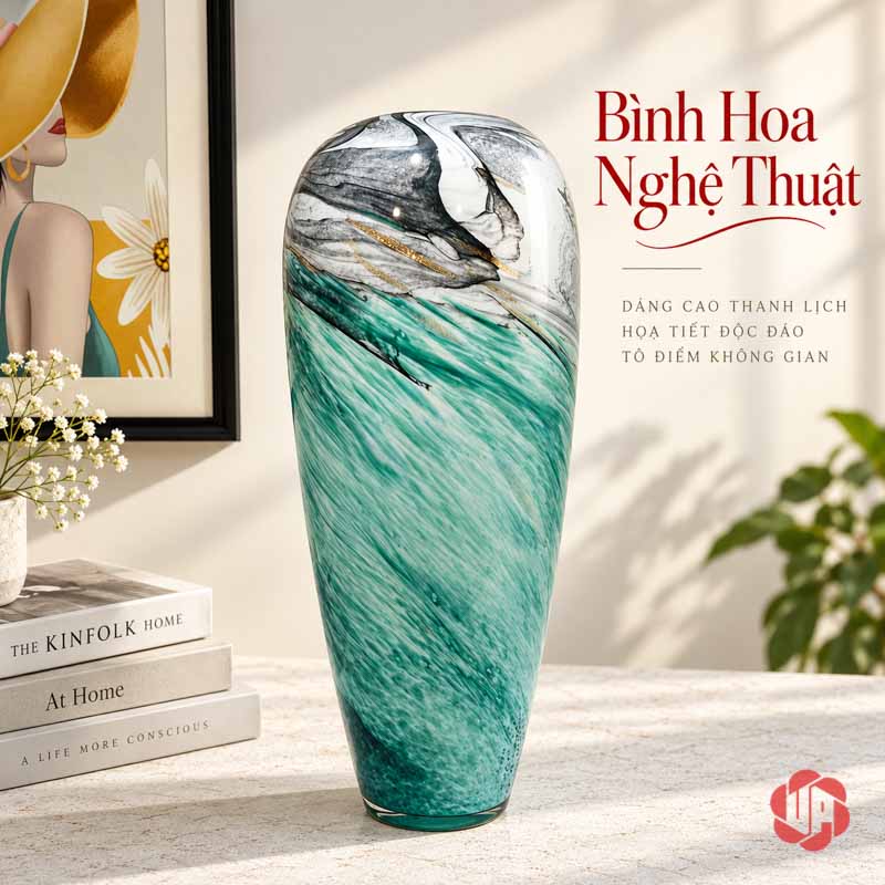 Bình Hoa Thủy Tinh Vân Đá Xanh Ngọc Cao Cấp UPT18 Bình thủy tinh tráng men vân đá dáng cao 51 cm phối sắc xanh ngọc và xám trắng