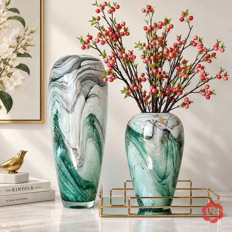 Bình Hoa Thủy Tinh Vân Đá Xanh Ngọc Cao Cấp UPT18 Bình thủy tinh vân đá dáng cao không hoa bên cạnh bình thấp cắm cành quả đỏ hồng