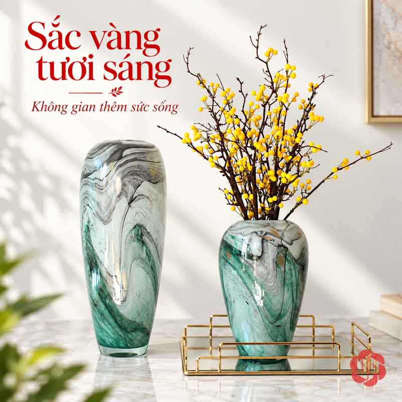Bình Hoa Thủy Tinh Vân Đá Xanh Ngọc Cao Cấp UPT18 Bình thủy tinh vân đá dáng cao và dáng thấp, bình thấp cắm cành hoa vàng