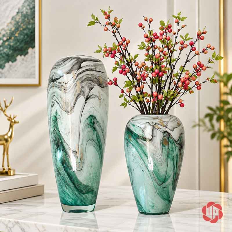 Bình Hoa Thủy Tinh Vân Đá Xanh Ngọc Cao Cấp UPT18 Hai bình hoa thủy tinh vân đá xanh ngọc, dáng cao để trơn và dáng thấp cắm cành quả đỏ