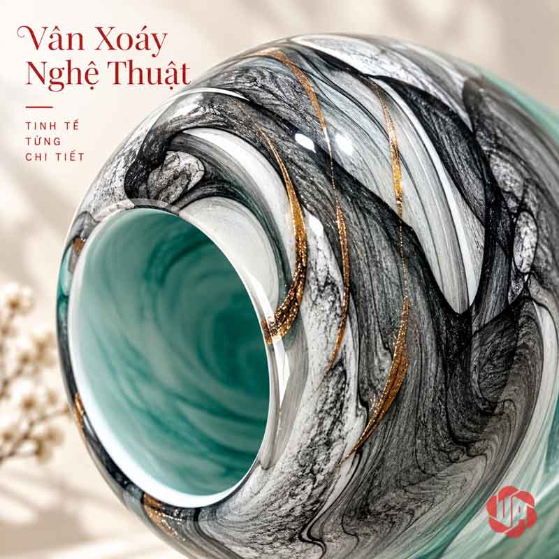 Bình Hoa Thủy Tinh Vân Đá Xanh Ngọc Cao Cấp UPT18 Cận cảnh miệng bình thủy tinh vân đá nhìn nghiêng với những đường vân xám đen