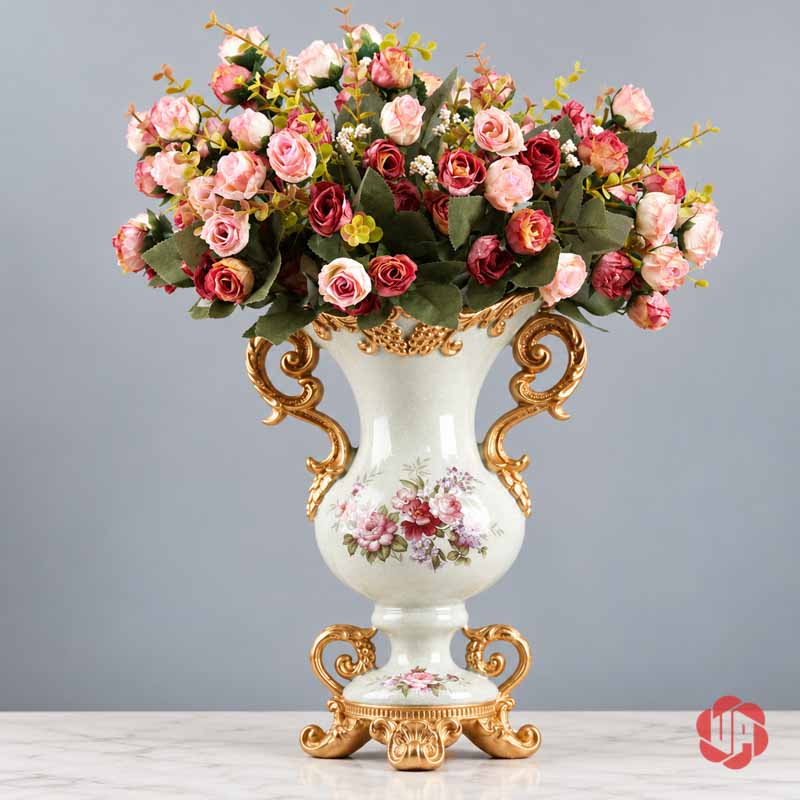Bình Hoa Để Bàn Tân Cổ Điển Hai Quai Vàng UP069 Bình hoa để bàn tân cổ điển UP069 phối bó hồng hồng phấn và cành lá xanh