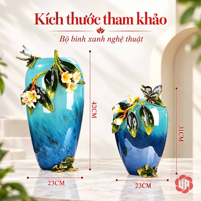 Bình Hoa Trang Trí Thủy Tinh Tráng Men Xanh Ngọc Hoa Bướm UPT17 Sơ đồ kích thước bình hoa thủy tinh tráng men UPT17, bình cao 42 cm và bình thấp 31 cm