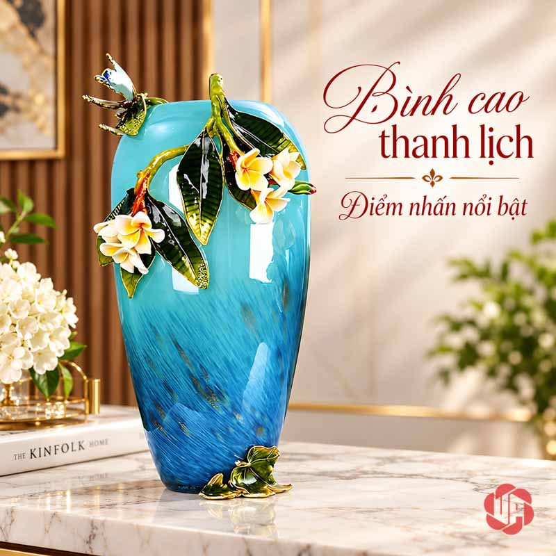 Bình Hoa Trang Trí Thủy Tinh Tráng Men Xanh Ngọc Hoa Bướm UPT17 Bình hoa trang trí UPT17 dáng cao màu xanh ngọc họa tiết hoa gần cổ bình